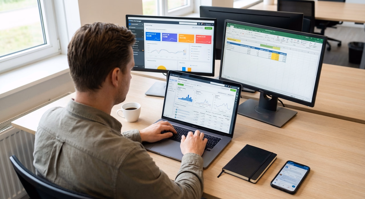 Ondernemer analyseert social media advertentiecampagne op laptop met analytics dashboard
