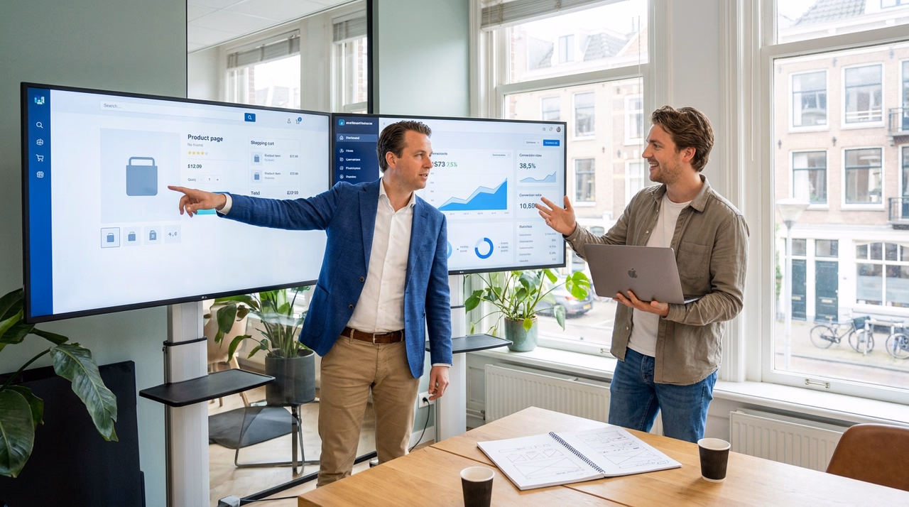 Ondernemer overlegt met webshop developer over nieuwe webshop voor meer online klanten Ondernemer overlegt met webshop developer over nieuwe webshop voor meer online klanten