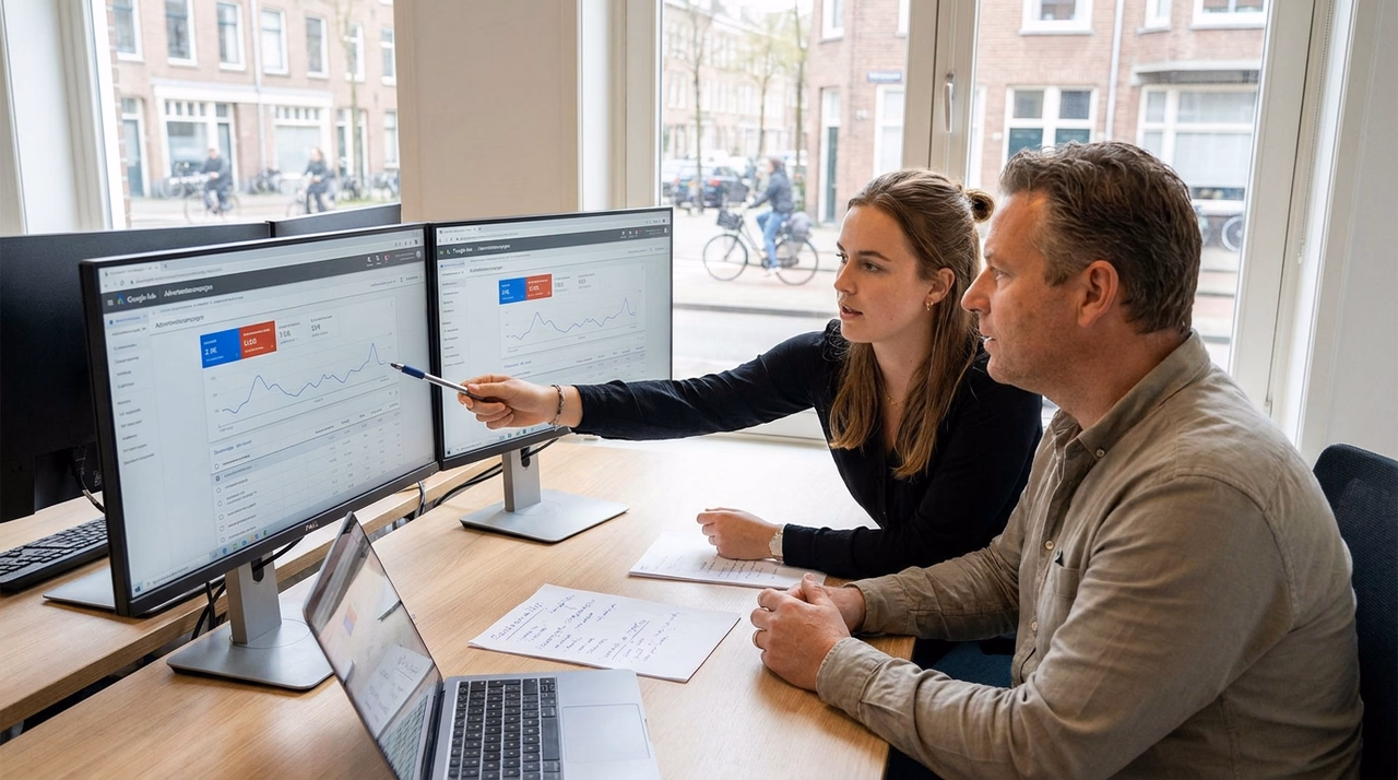MKB-ondernemer bespreekt Google Ads campagne met SEA specialist op kantoor