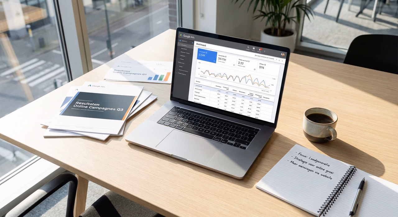 Google Ads dashboard met conversie metrics en CPC-gegevens op laptop scherm