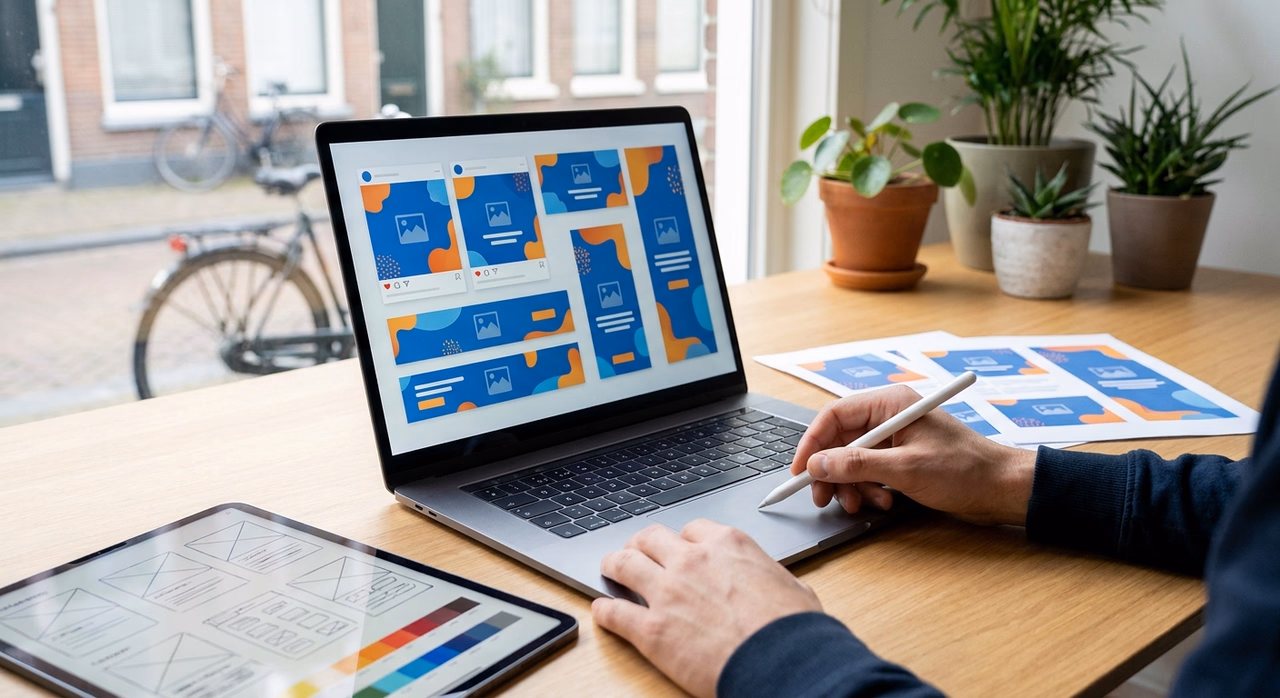 Designer ontwerpt consistente campagne visuals voor online marketing op laptop Designer ontwerpt consistente campagne visuals voor online marketing op laptop