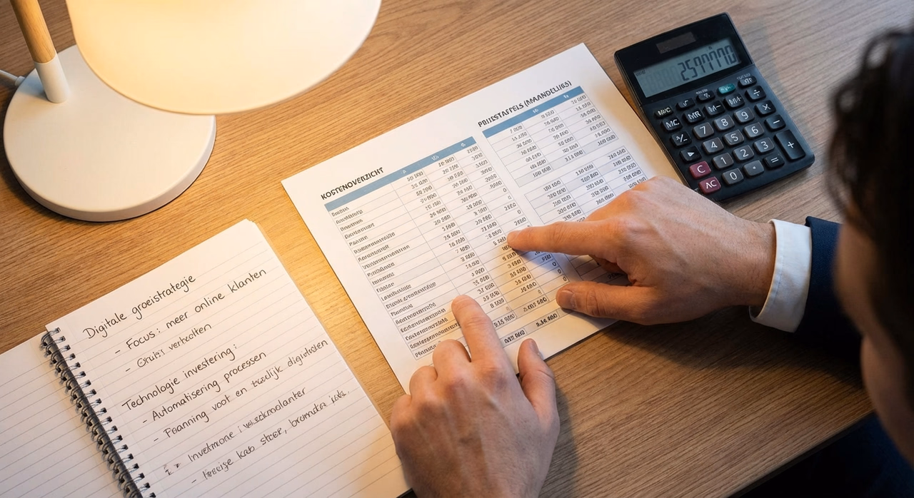 Handen wijzen naar kostenoverzicht en prijstiers voor AI-systemen op spreadsheet