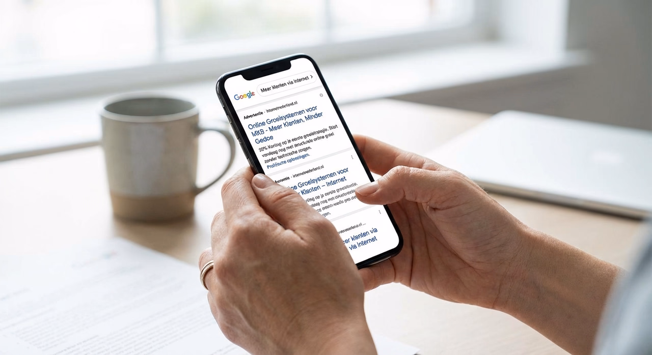 Mobiel zoekresultaat met geoptimaliseerde Google Ads advertentie met duidelijke call-to-action
