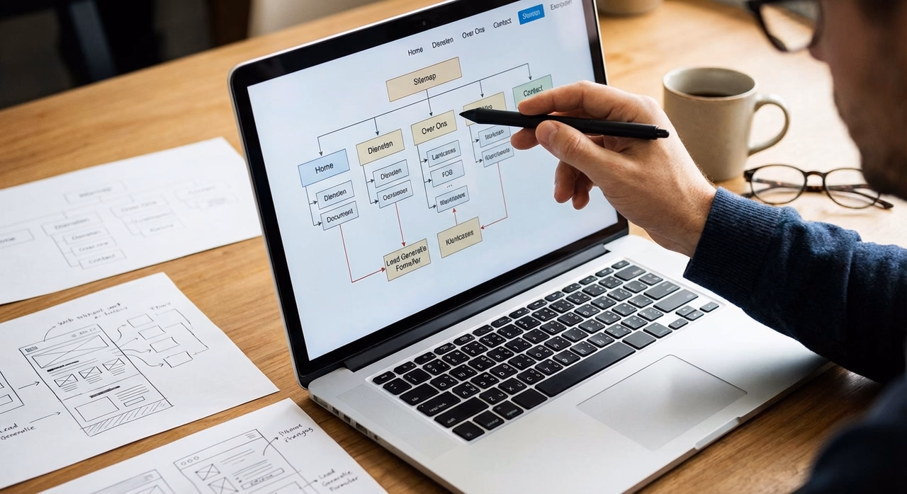 Designer werkt aan website structuur en sitemap ontwerp in detail