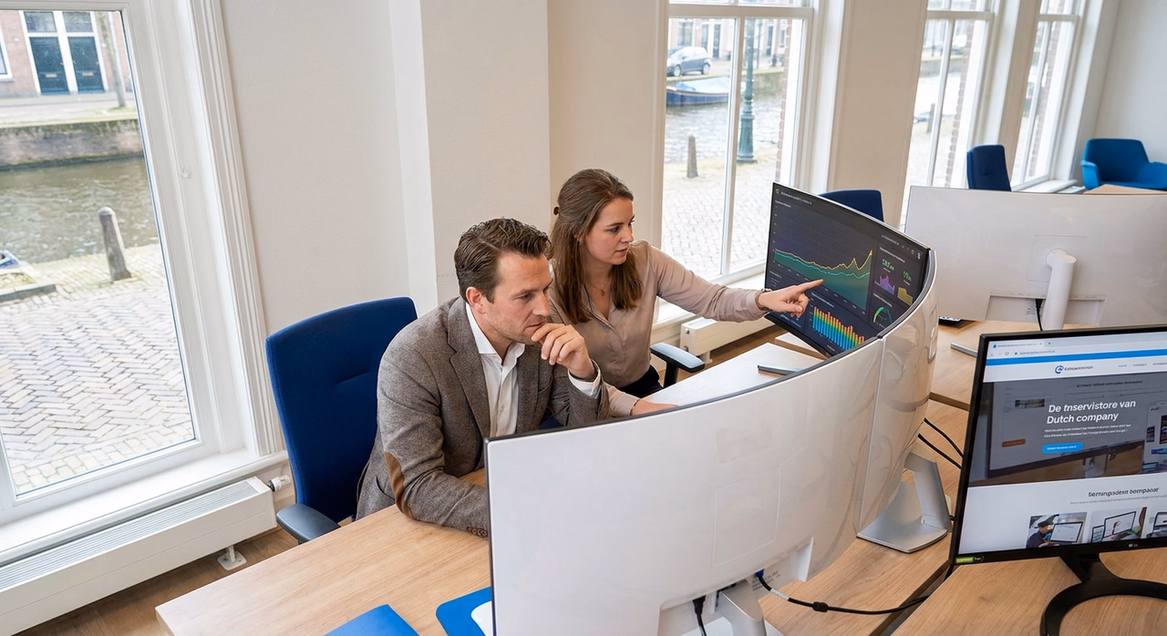 MKB-ondernemer in kantoor bespreekt webhosting optimalisatie met specialist aan computer. MKB-ondernemer in kantoor bespreekt webhosting optimalisatie met specialist aan computer.