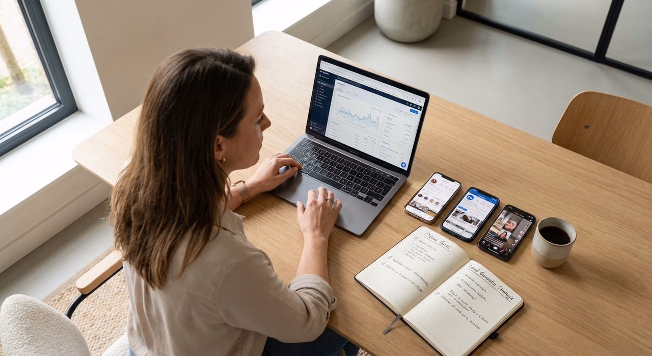 Ondernemer die social media strategie plant op meerdere platforms voor doelgroepbereik