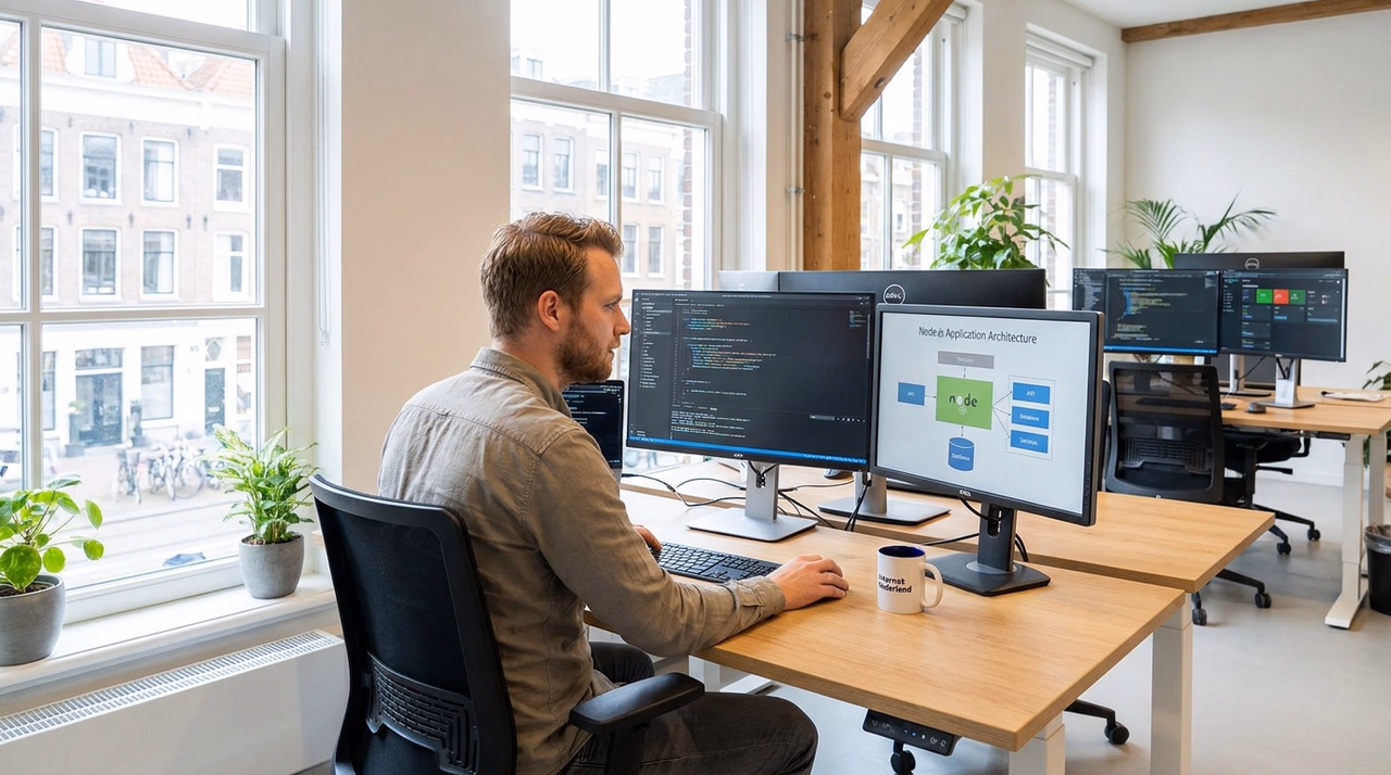 Node.js developer programming at desk with multiple monitors showing code Node.js developer programming at desk with multiple monitors showing code