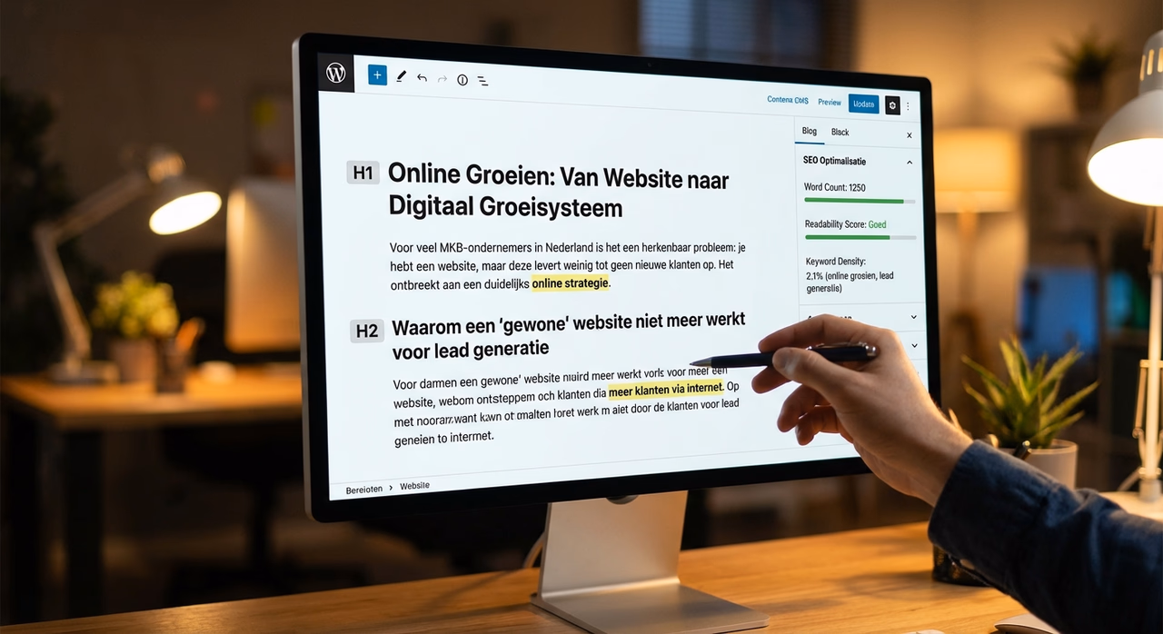 Geoptimaliseerde SEO tekst met zichtbare keywords en heading structuur op computerscreen