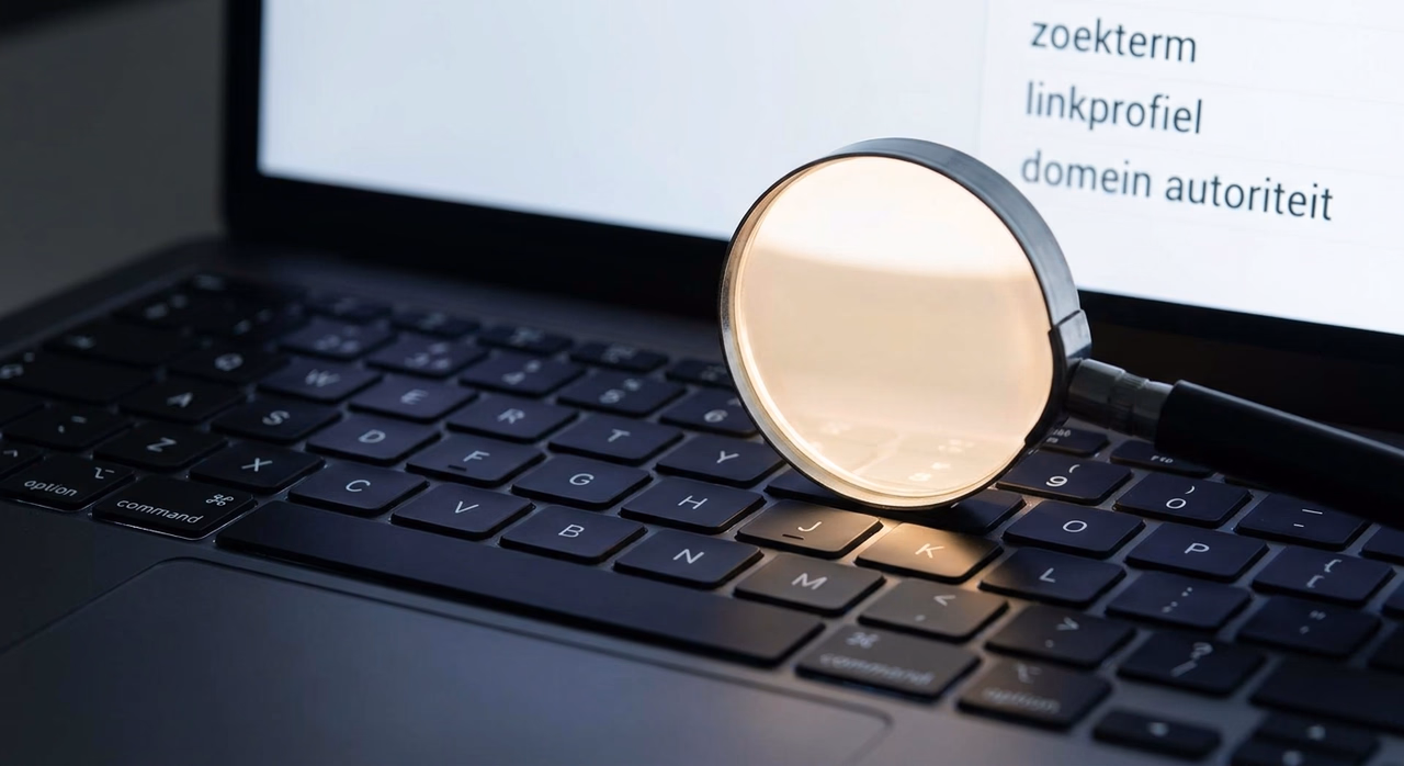 Vergrootglas over toetsenbord symboliseert gedetailleerde linkbuilding analyse voor zoekmachineoptimalisatie Vergrootglas over toetsenbord symboliseert gedetailleerde linkbuilding analyse voor zoekmachineoptimalisatie