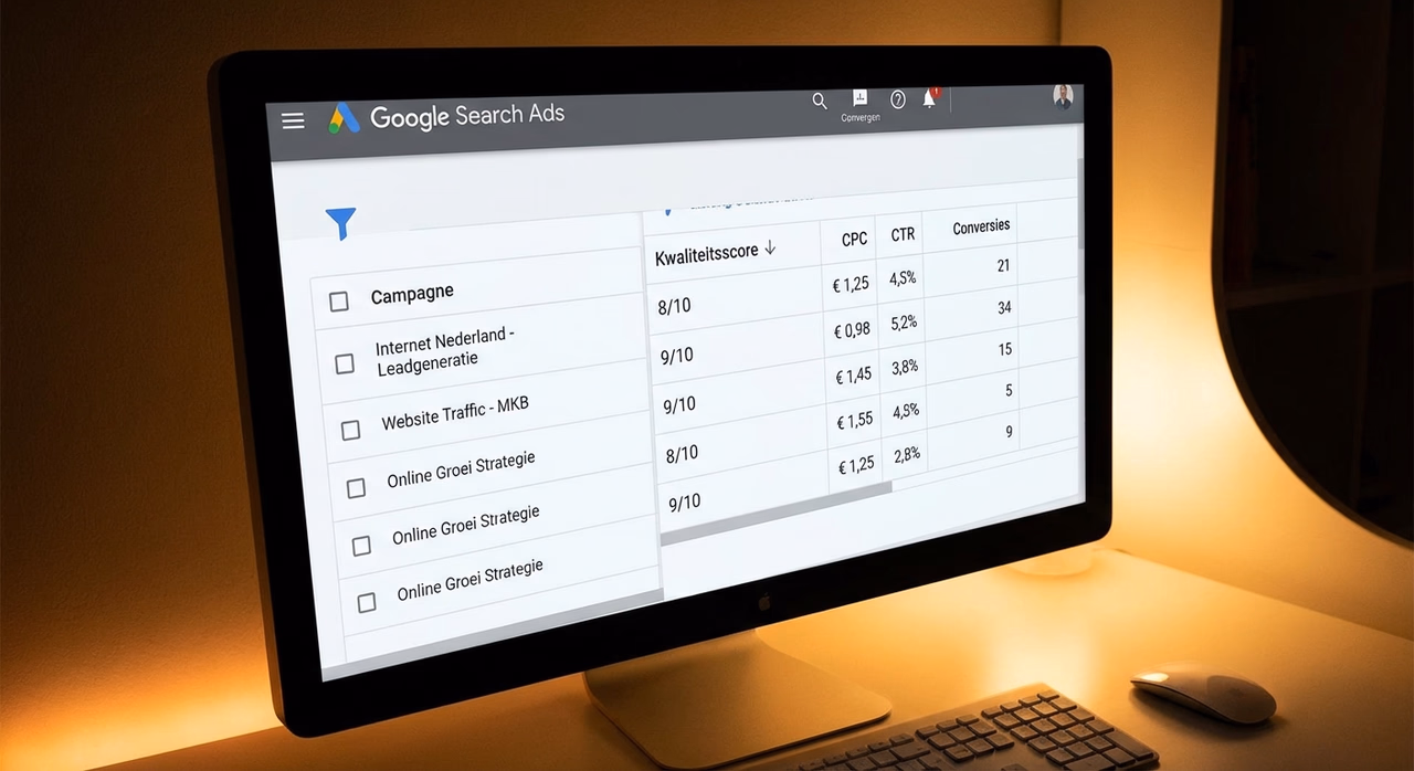 Google Ads-interface met kwaliteitsscores en biedingsbedragen voor zoekcampagnes