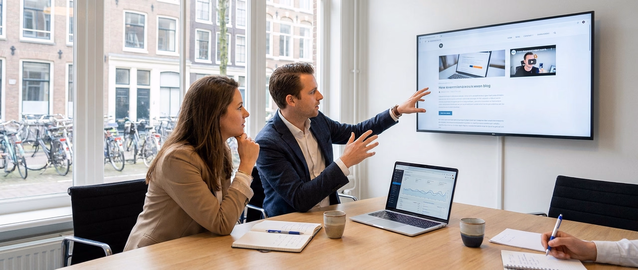 MKB-ondernemer bespreekt branded content strategie met online marketingexpert in kantoor MKB-ondernemer bespreekt branded content strategie met online marketingexpert in kantoor