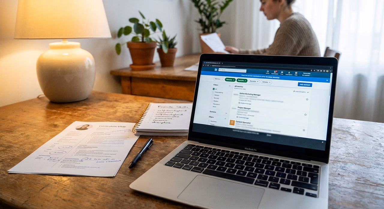 Detail van laptop met remote vacatures en cv tijdens zoektocht naar remote job Detail van laptop met remote vacatures en cv tijdens zoektocht naar remote job