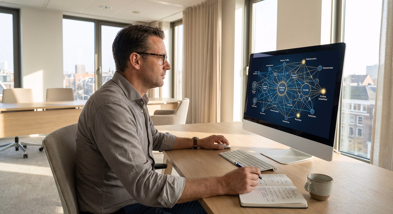 Ondernemer analyseert backlinks en online autoriteit op computermonitor