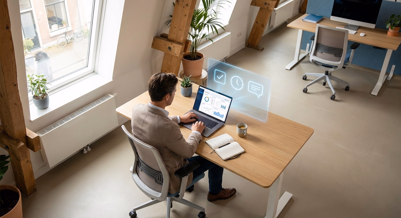 Small business owner using AI automation tools on laptop in modern office workspace