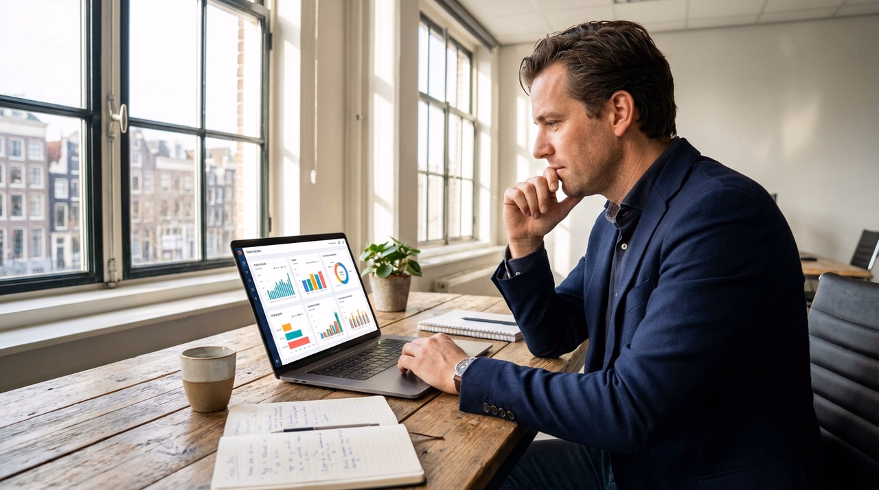 Ondernemer aan bureau met laptop, AI implementatie eerste stappen bedrijf