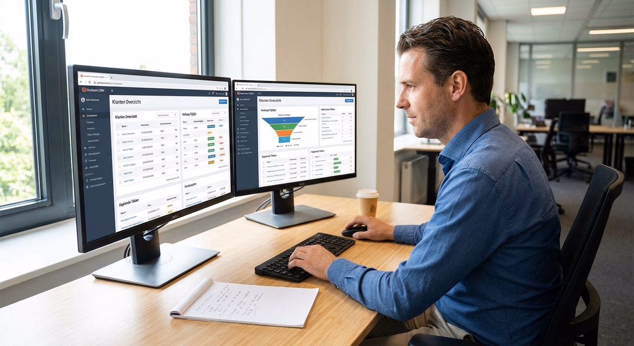 Ondernemer werkt met CRM systeem op computer in modern kantoor Ondernemer werkt met CRM systeem op computer in modern kantoor