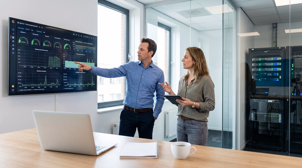 MKB-ondernemer en IT-specialist bespreken serverconfiguratie voor snelle, veilige bedrijfswebsite MKB-ondernemer en IT-specialist bespreken serverconfiguratie voor snelle, veilige bedrijfswebsite