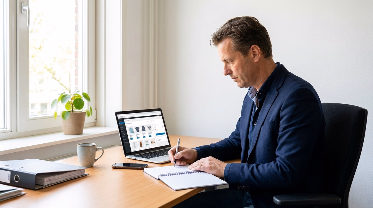 MKB-ondernemer volgt WooCommerce cursus achter laptop met webshop scherm MKB-ondernemer volgt WooCommerce cursus achter laptop met webshop scherm