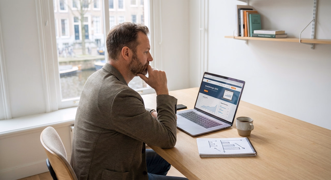 Dutch entrepreneur analyzing website analytics on laptop at desk for lead generation strategy Dutch entrepreneur analyzing website analytics on laptop at desk for lead generation strategy