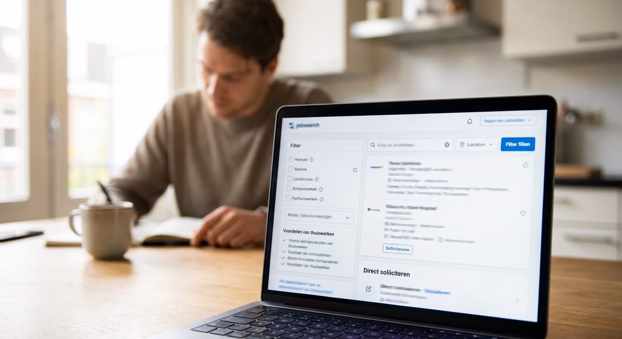 Thuiswerkende professional zoekt en bekijkt remote vacatures op laptop Thuiswerkende professional zoekt en bekijkt remote vacatures op laptop