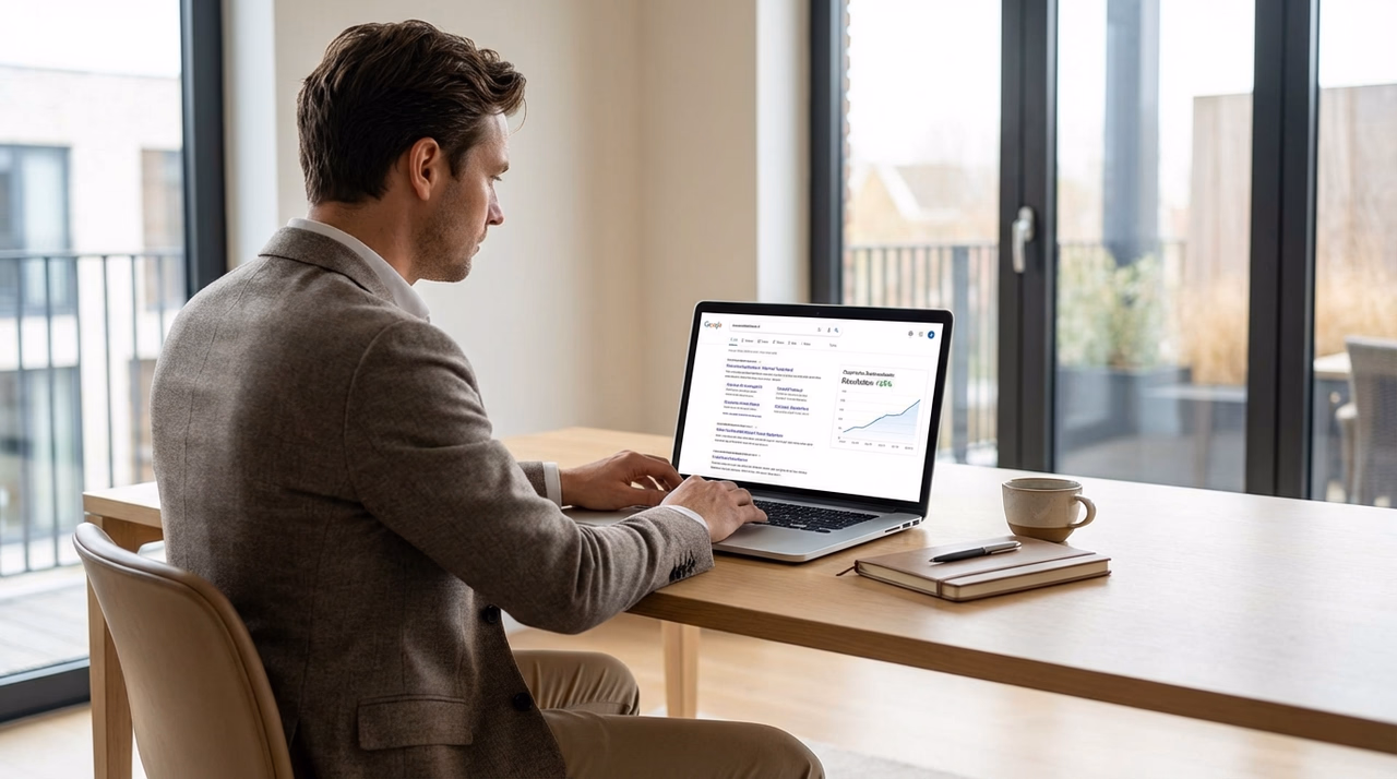 Ondernemer analyseert SEO-resultaten en zoekranking op laptop in modern kantoor