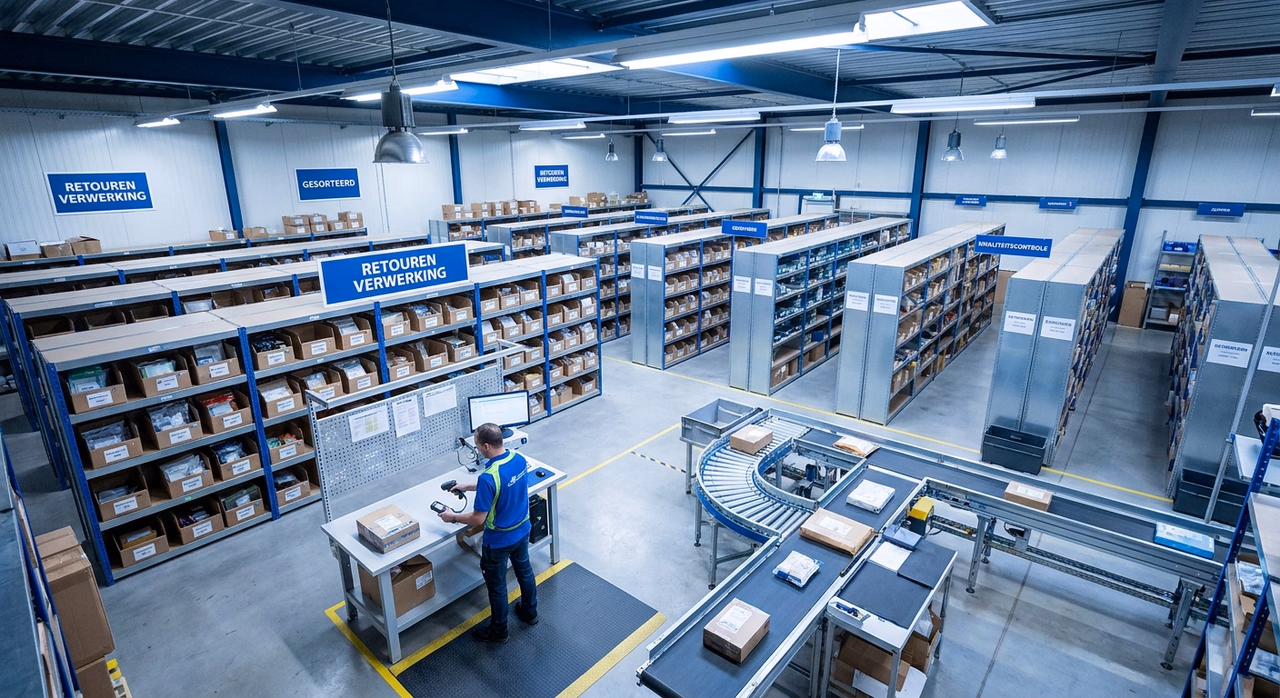 Modern warehouse processing returns with organized shelves and barcode scanning station Modern warehouse processing returns with organized shelves and barcode scanning station