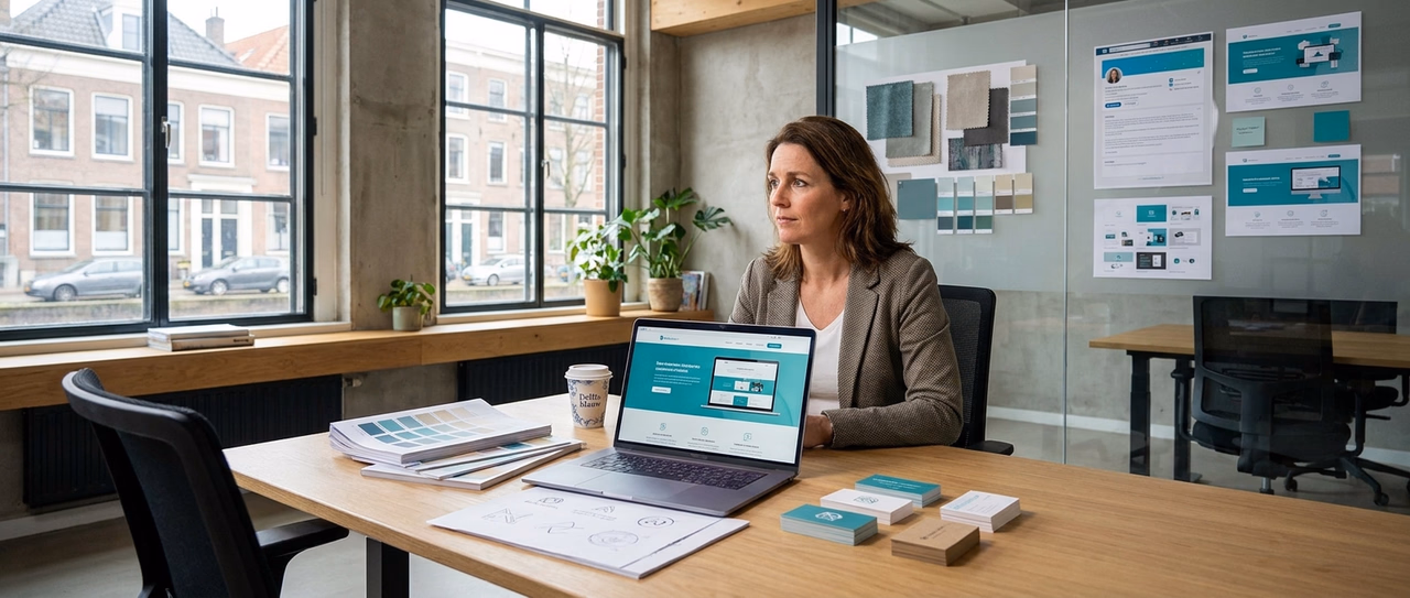 Nederlandse mkb-ondernemer werkt aan professionele branding en huisstijl voor online groei Nederlandse mkb-ondernemer werkt aan professionele branding en huisstijl voor online groei