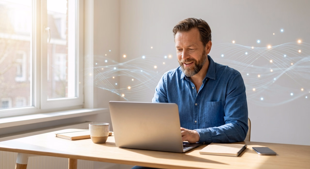 Ondernemer aan bureau met gerichte blik, laptop open, schone werkplek met zonlicht Ondernemer aan bureau met gerichte blik, laptop open, schone werkplek met zonlicht