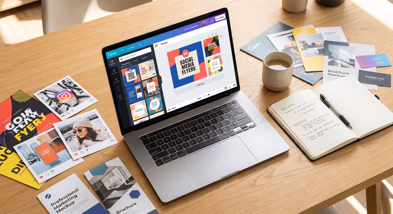 Canva cursus: laptop met designinterface en professionele marketingmaterialen op bureau Canva cursus: laptop met designinterface en professionele marketingmaterialen op bureau