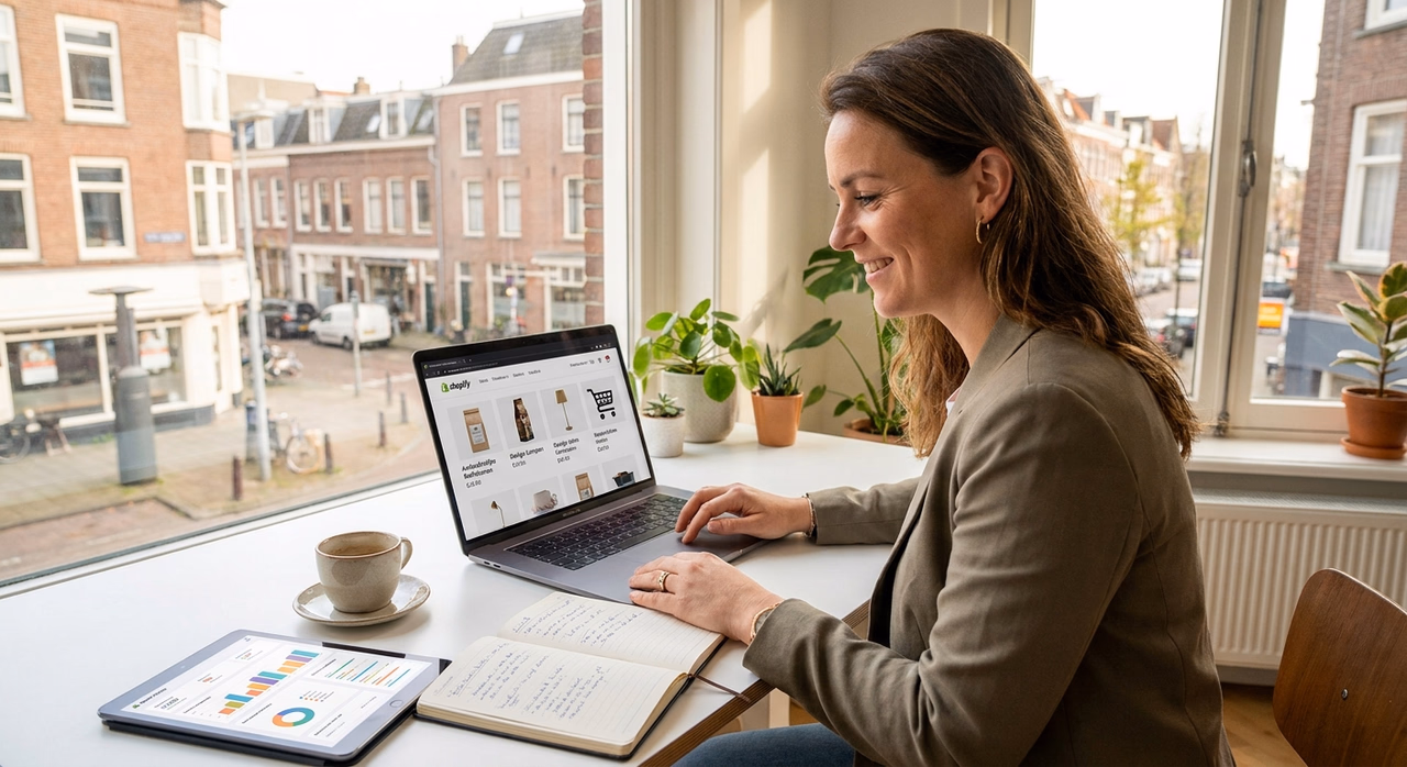 Nederlandse ondernemer werkt aan Shopify webshop op laptop met analytics zichtbaar Nederlandse ondernemer werkt aan Shopify webshop op laptop met analytics zichtbaar
