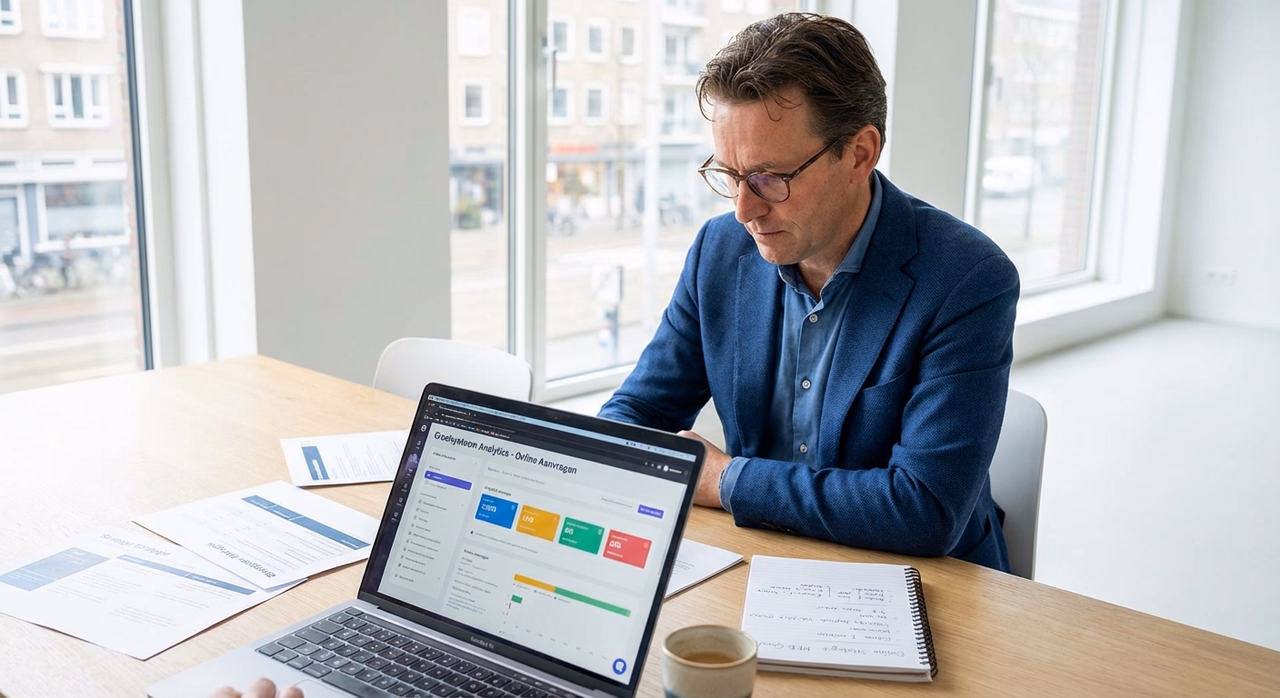 Ondernemer analyseert marketingstrategie met behulp van analytics en rapporten op laptop
