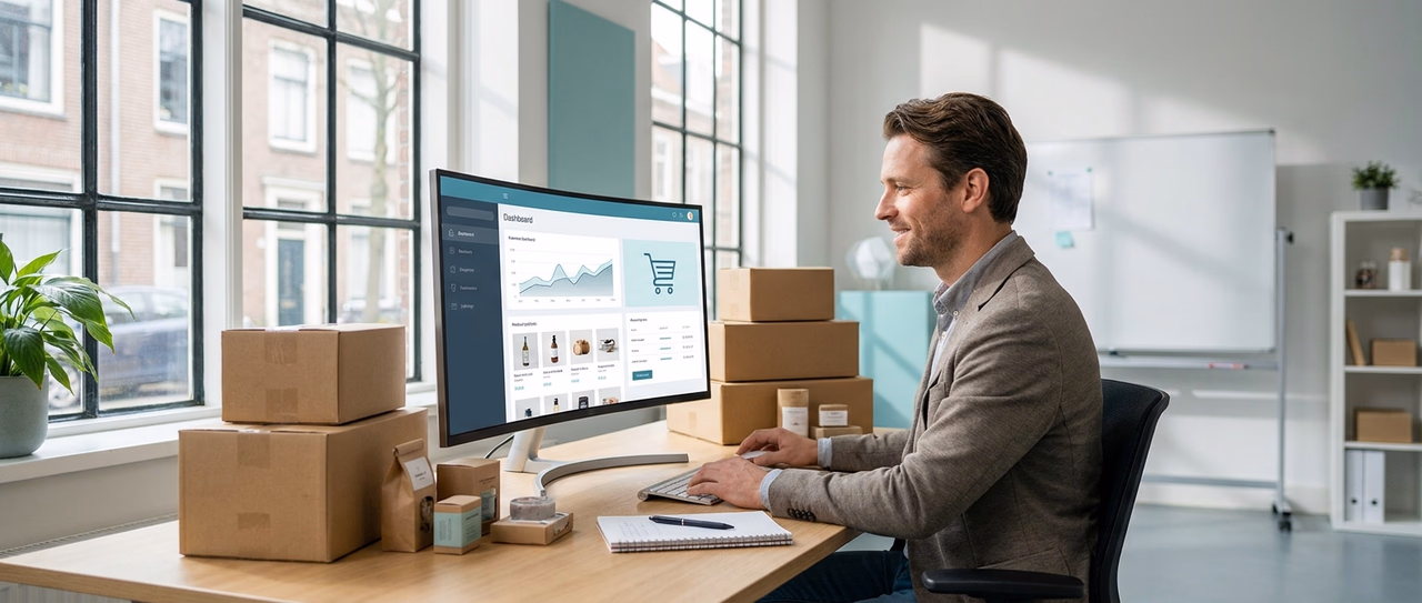 Nederlandse MKB-ondernemer beheert professionele Shopify website voor online groei op kantoor Nederlandse MKB-ondernemer beheert professionele Shopify website voor online groei op kantoor