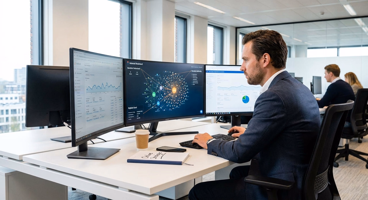 Ondernemer analyseert linkbuilding strategie op computerscherm met netwerkvisualisatie voor online zichtbaarheid Ondernemer analyseert linkbuilding strategie op computerscherm met netwerkvisualisatie voor online zichtbaarheid
