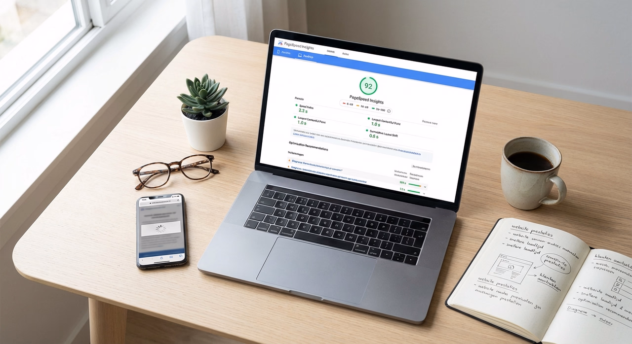 Laptop displaying Google PageSpeed Insights dashboard with performance metrics and optimization recommendations on desk