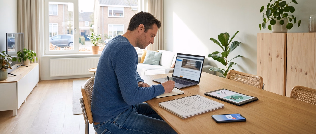 Ondernemer volgt online business starten cursus op laptop in moderne Nederlandse woonkamer