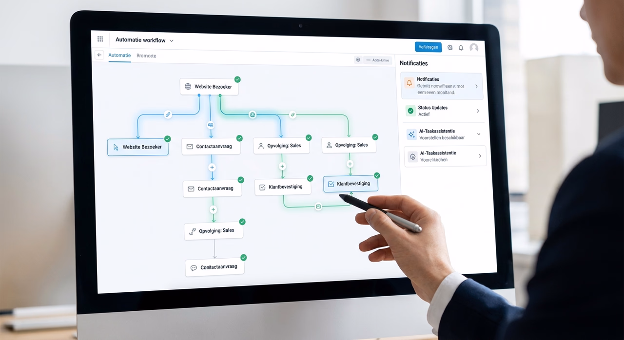 Close-up view of an automated workflow diagram showing connected business processes and AI-assisted task management on computer screen