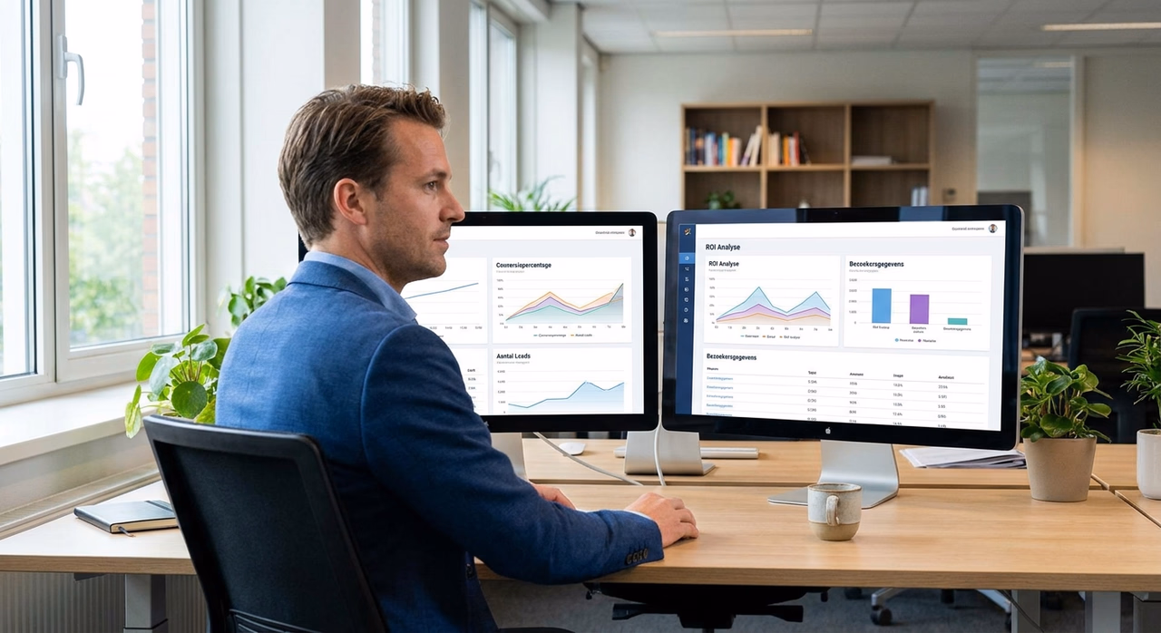 Ondernemer analyseert performance marketing resultaten op dashboard met conversie- en ROI-gegevens Ondernemer analyseert performance marketing resultaten op dashboard met conversie- en ROI-gegevens
