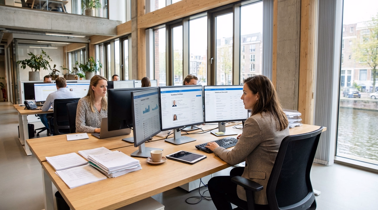 Recruiter at desk using AI matching software to screen candidates and job vacancies efficiently