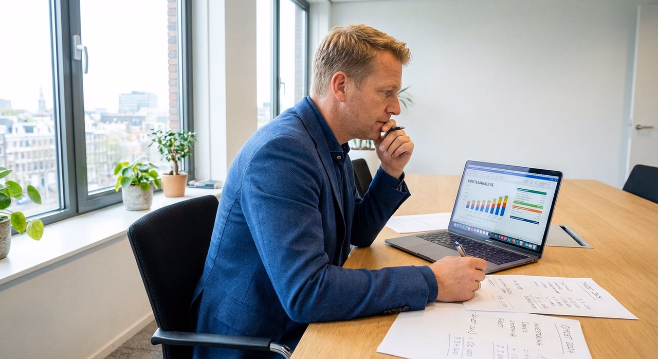 Ondernemer analyseert kosten en investeringen voor AI-implementatie op kantoor