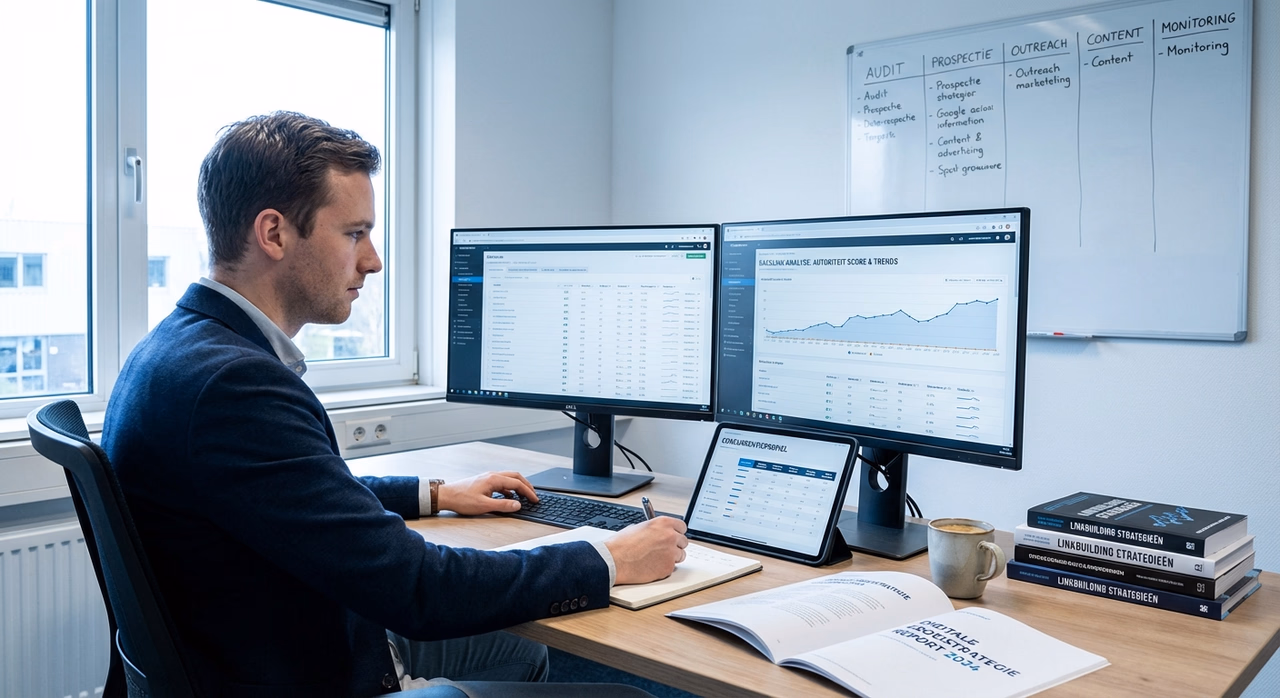 Linkbuilding specialist analyseert backlinks en concurrentie in een Nederlands kantoor