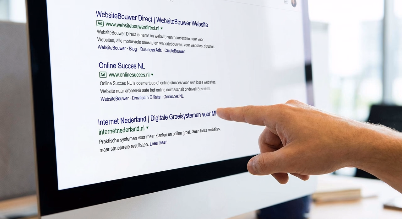 Detail van Google zoekresultaten met bedrijfswebsite op pagina drie