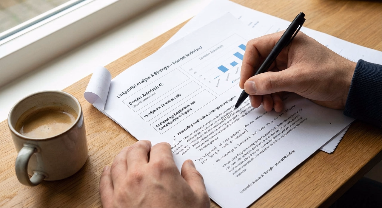 Detailed view of linkbuilding strategy document with domain authority metrics and growth analysis