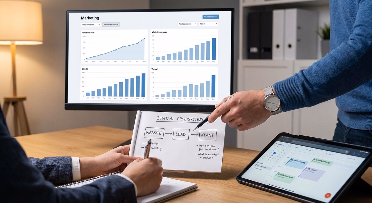 Detail van marketing expert die digitaal groeisysteem en leadgeneratie funnel uitlegt Detail van marketing expert die digitaal groeisysteem en leadgeneratie funnel uitlegt