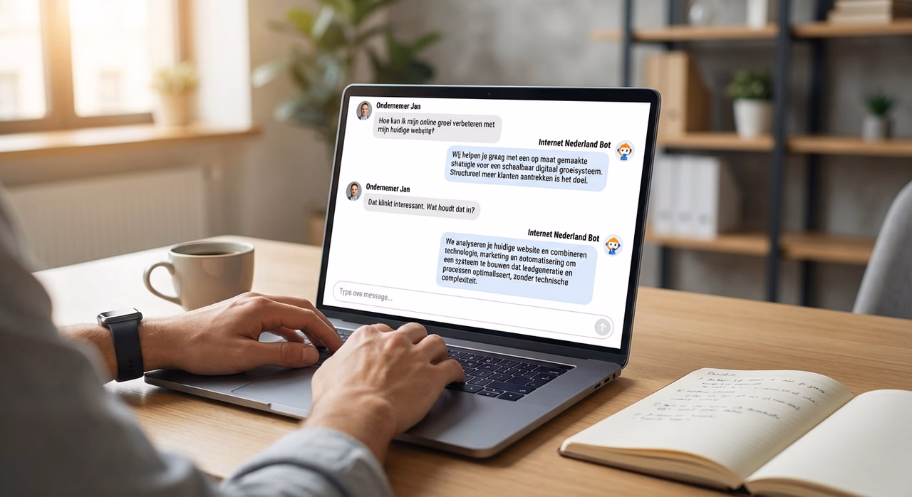 AI chatbot interface op laptop scherm met gesprekthread tussen klant en intelligente assistent