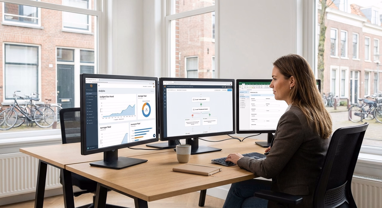 Ondernemer op kantoor met computermonitors met marketing automation dashboards en analytics voor leadgeneratie