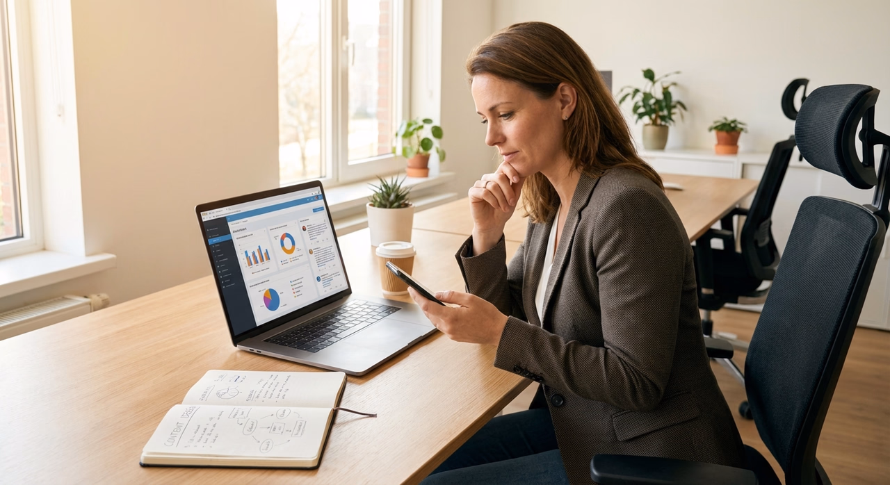 Ondernemer maakt social media content op laptop en smartphone met aandacht voor strategie