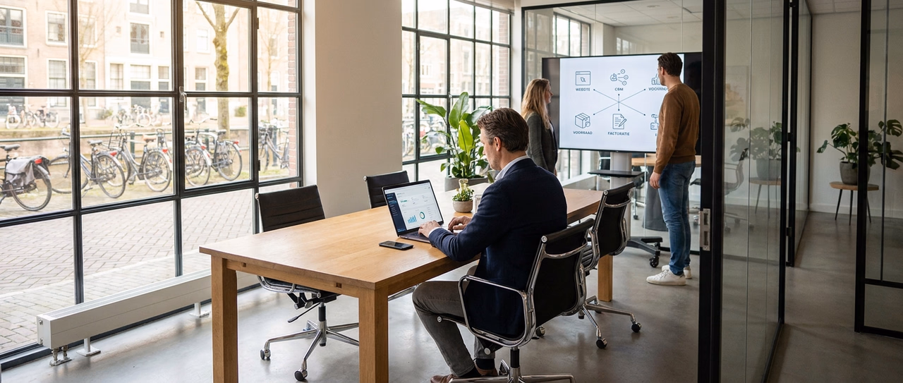 MKB ondernemer bekijkt efficiënte databaseoplossing voor bedrijf in modern kantoor MKB ondernemer bekijkt efficiënte databaseoplossing voor bedrijf in modern kantoor