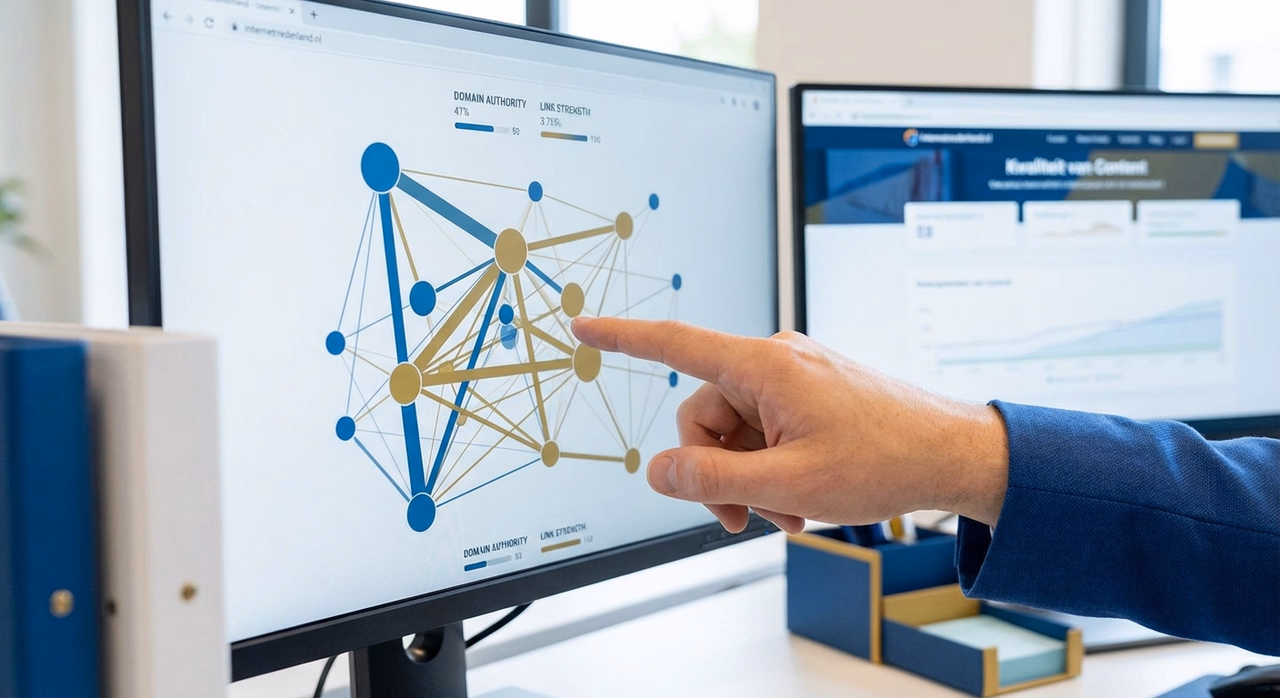 Close-up van linkbuilding strategie met zichtbare domeinautoriteit en verbindingen