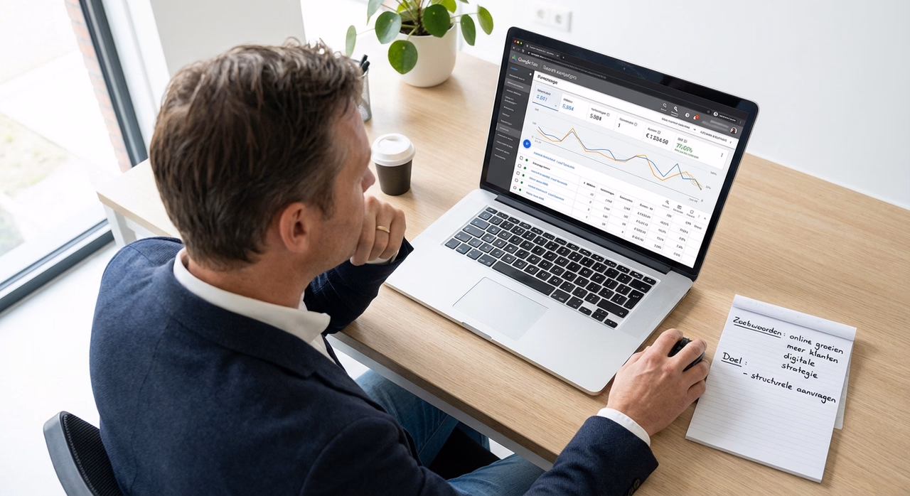 Ondernemer analyseert SEA-campagneprestaties op laptop met Google Ads dashboard en conversiegegevens