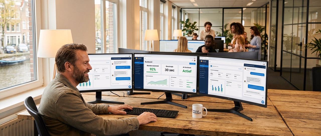Modern customer service workspace with AI dashboard showing chat conversations and automated responses for Dutch businesses